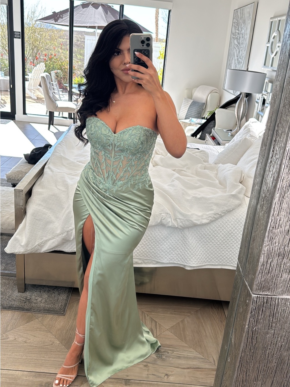 Strapless Sage Green Lace Corset Evening Gown